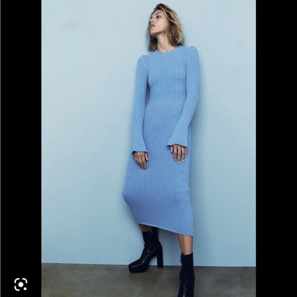 ZARA WOMAN NWT SS22 BLUE RIBBED KNIT DRESS - Picture 2 of 8